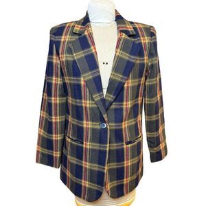Sag Harbor Blazer Wool Blend Plaid Sz. 8 Long Sleeves Single Button Academic